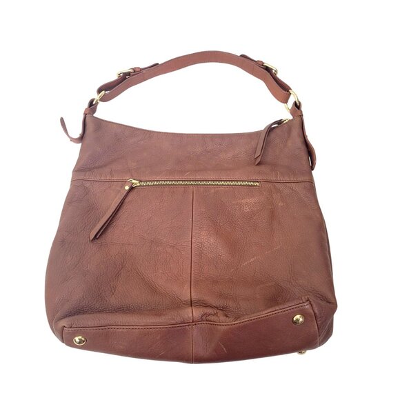 Isaac Mizrahi Bridgehampton Brown Genuine Leather Hobo Bag With Gold-Tone Accent - Picture 2 of 5